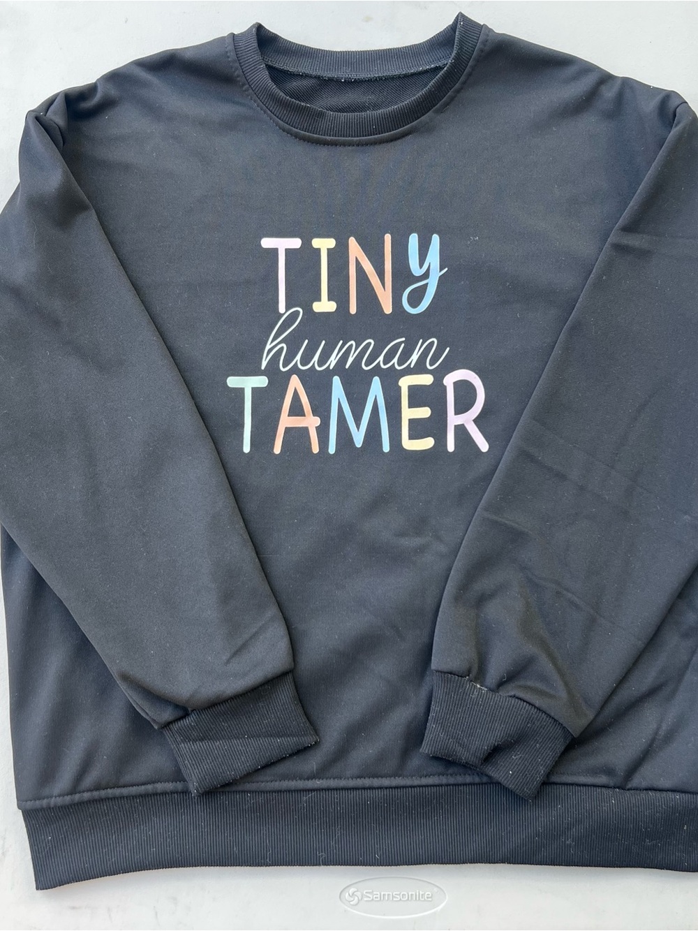 Gildan Black Crewneck Sweatshirt with Pastel 'Tiny Human Tamer' Graphic